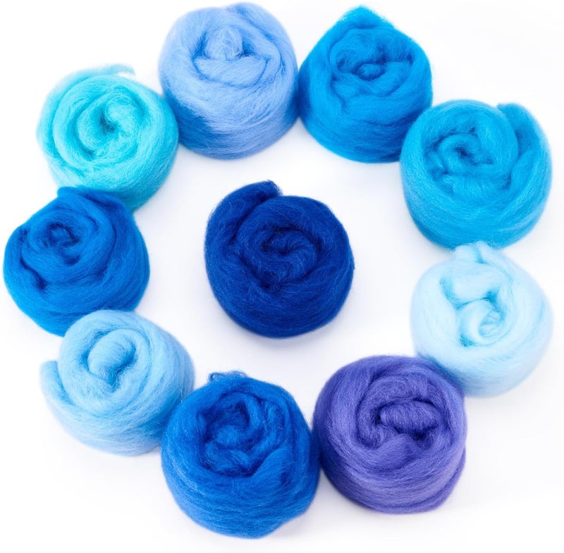Boutigem 10 Colors Blue Needle Felting Wool 50g, 1.76oz Blue Wool Roving for Needle Felting, Soft Spinning Felting Wool Supplies for DIY Crafts, Felting, Blending, Weaving and Hand Spinning - Image 1